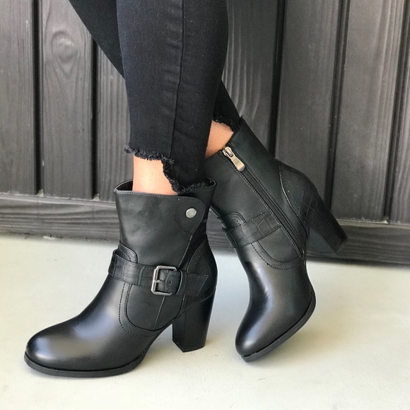 Black Snake Embossed Belted Chunky Heel Ankle Boot - Picture 2 of 6